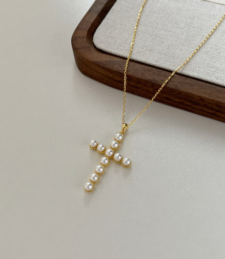 925 silver chain pearl cross - 18K gold plated