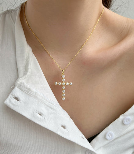 925 silver chain pearl cross - 18K gold plated