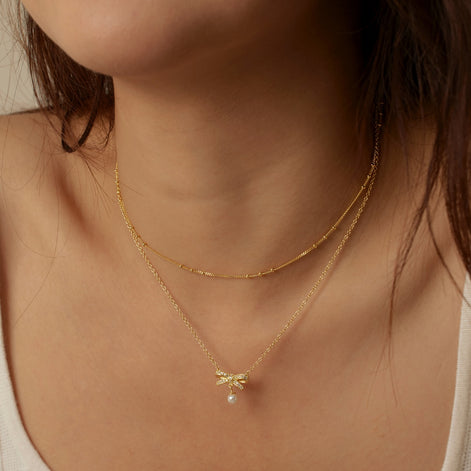 18K Vergoldete Doppelkette aus 925 Sterling Silber mit Schleifenanhänger & Perle