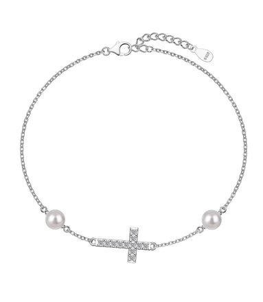 925 Sterling silver bracelet with cross pendant, set with zirconia stones and 2x genuine pearls