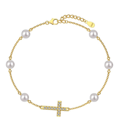 Bracelet with genuine pearls and cross pendant – gold-plated sterling silver