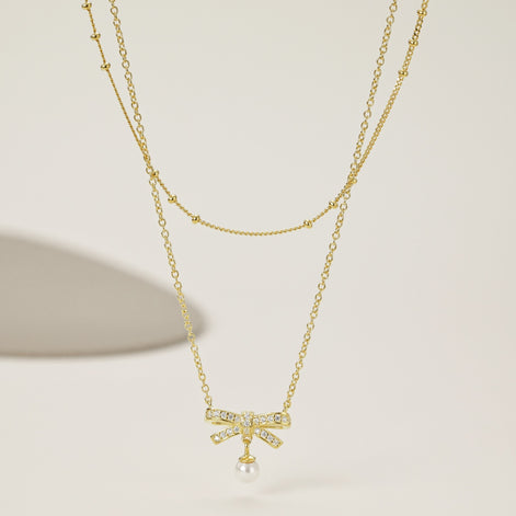 18K Vergoldete Doppelkette aus 925 Sterling Silber mit Schleifenanhänger & Perle