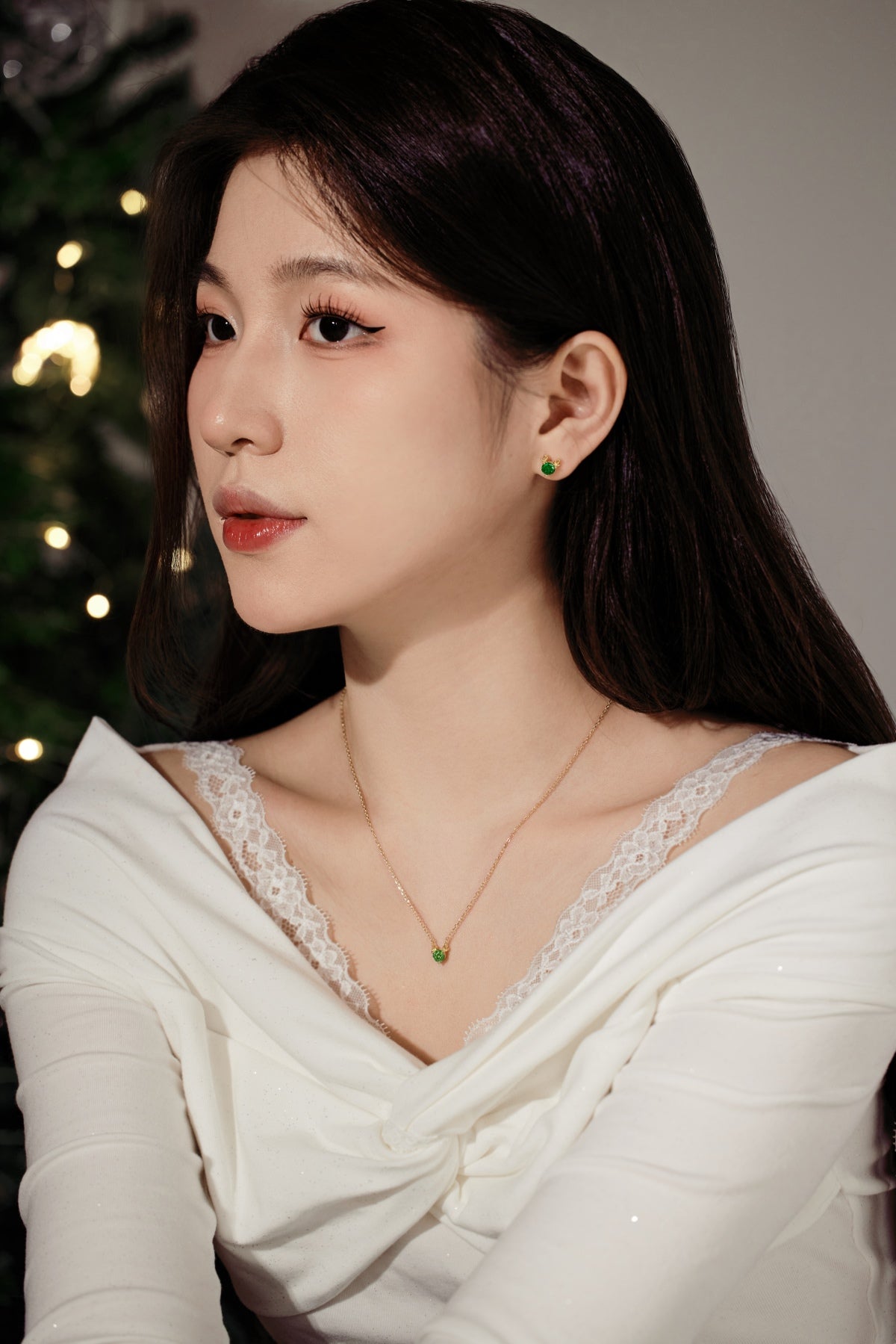 Reindeer earrings made of 925 silver gold-plated 14K with green zirconia stones