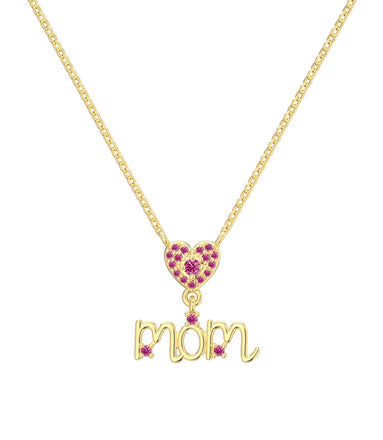 14K gold-plated necklace made of 925 sterling silver with “MOM” pendant & heart made of pink zirconia