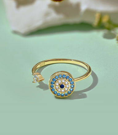 Adjustable 925 silver ring, 18K gold plated with oriental eye