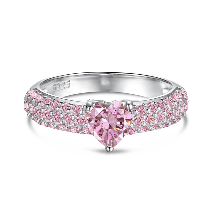 925 silver ring with heart zirconia in pink and sparkling zirconia edge