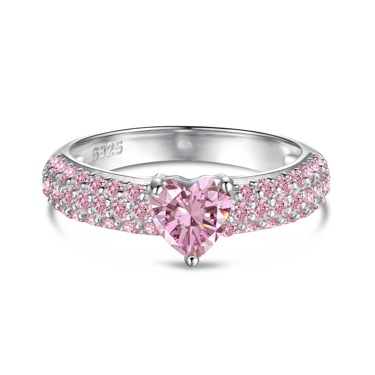 925 silver ring with heart zirconia in pink and sparkling zirconia edge