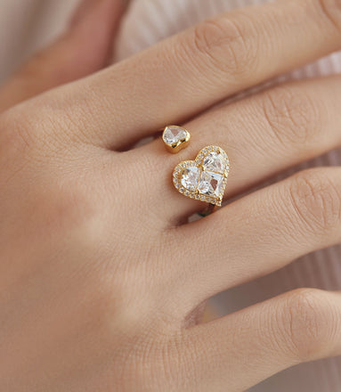 Adjustable 925 silver ring – 18K gold-plated with two heart zirconia