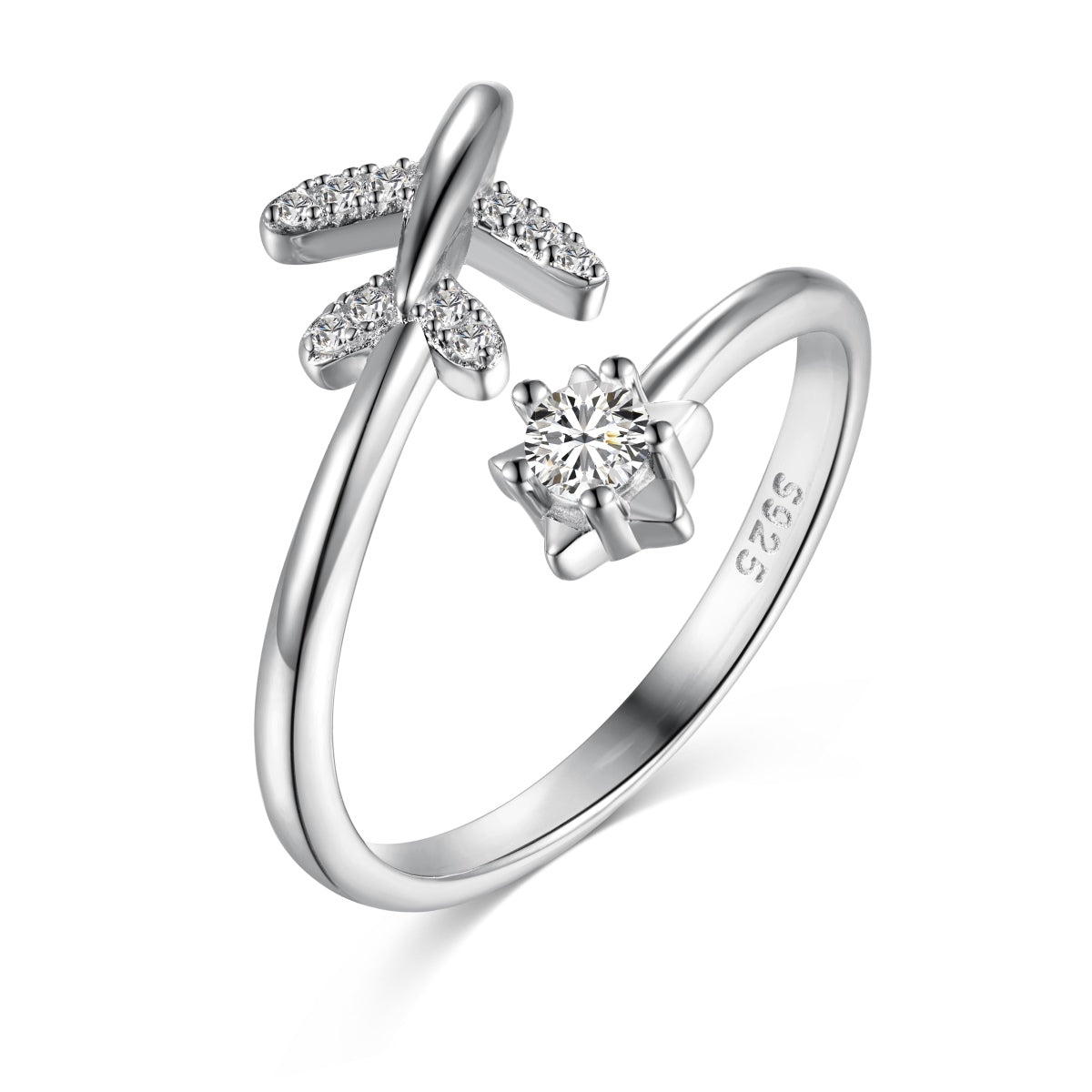 Adjustable 925 silver ring in open design with airplane and star motif