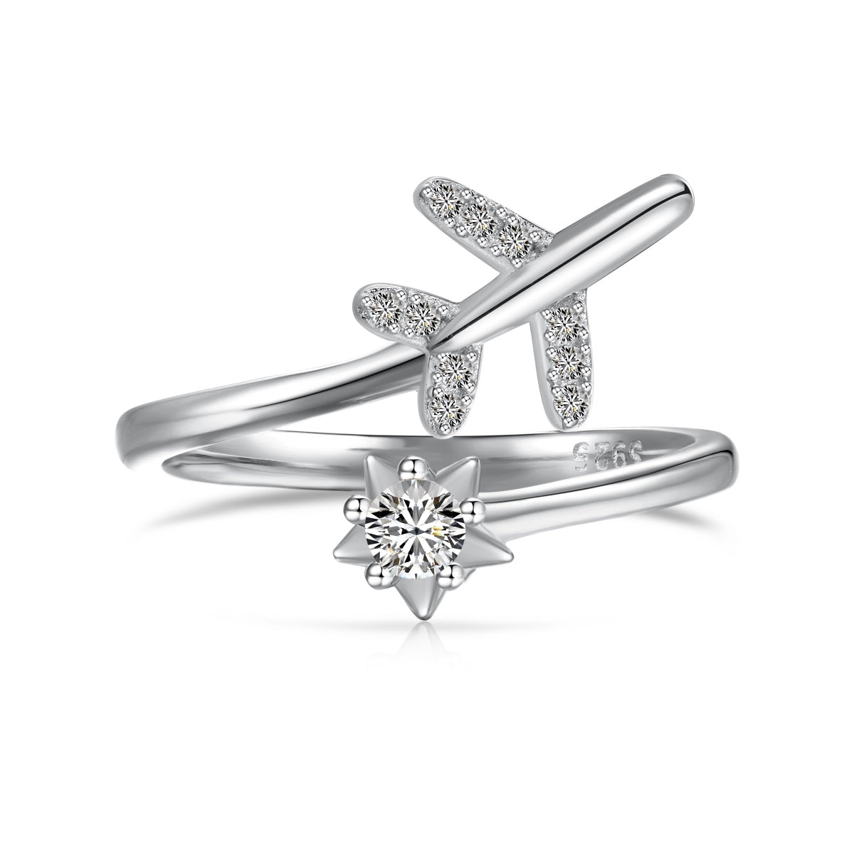 Adjustable 925 silver ring in open design with airplane and star motif