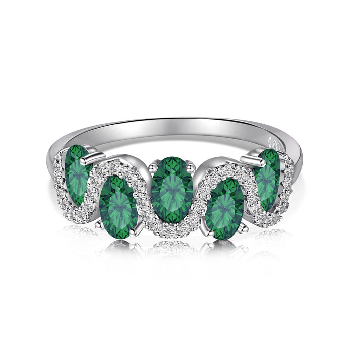 925 silver ring with oval green zirconia stones and sparkling accents