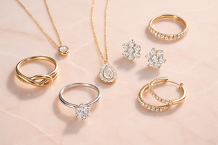 Schmuck auf hellrosa Marmorboden