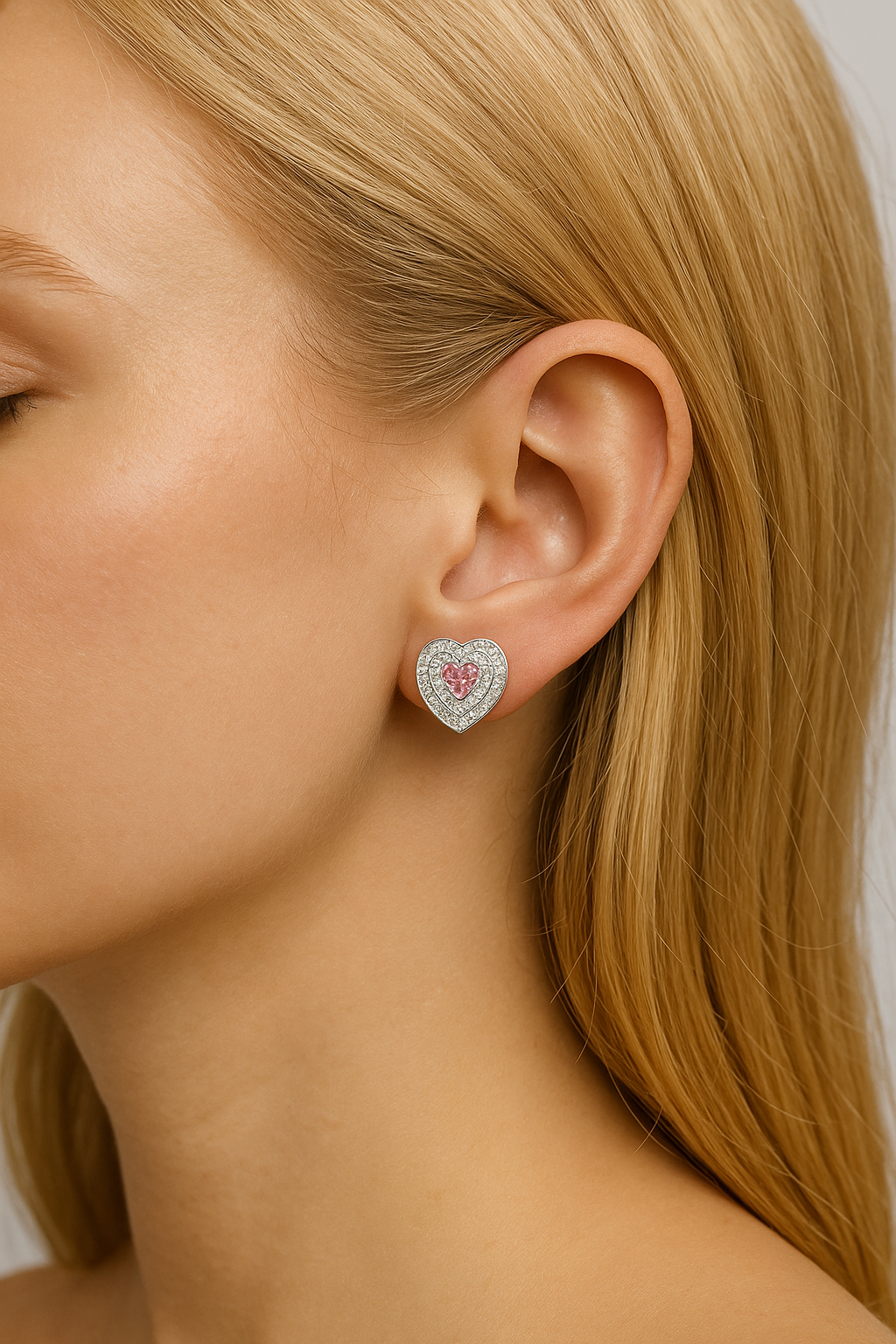 Heart stud earrings 925 silver pink zirconia & pave setting rhodium-plated
