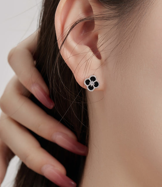 Cloverleaf stud earrings 925 silver zirconia flower, silver, green, black, grey