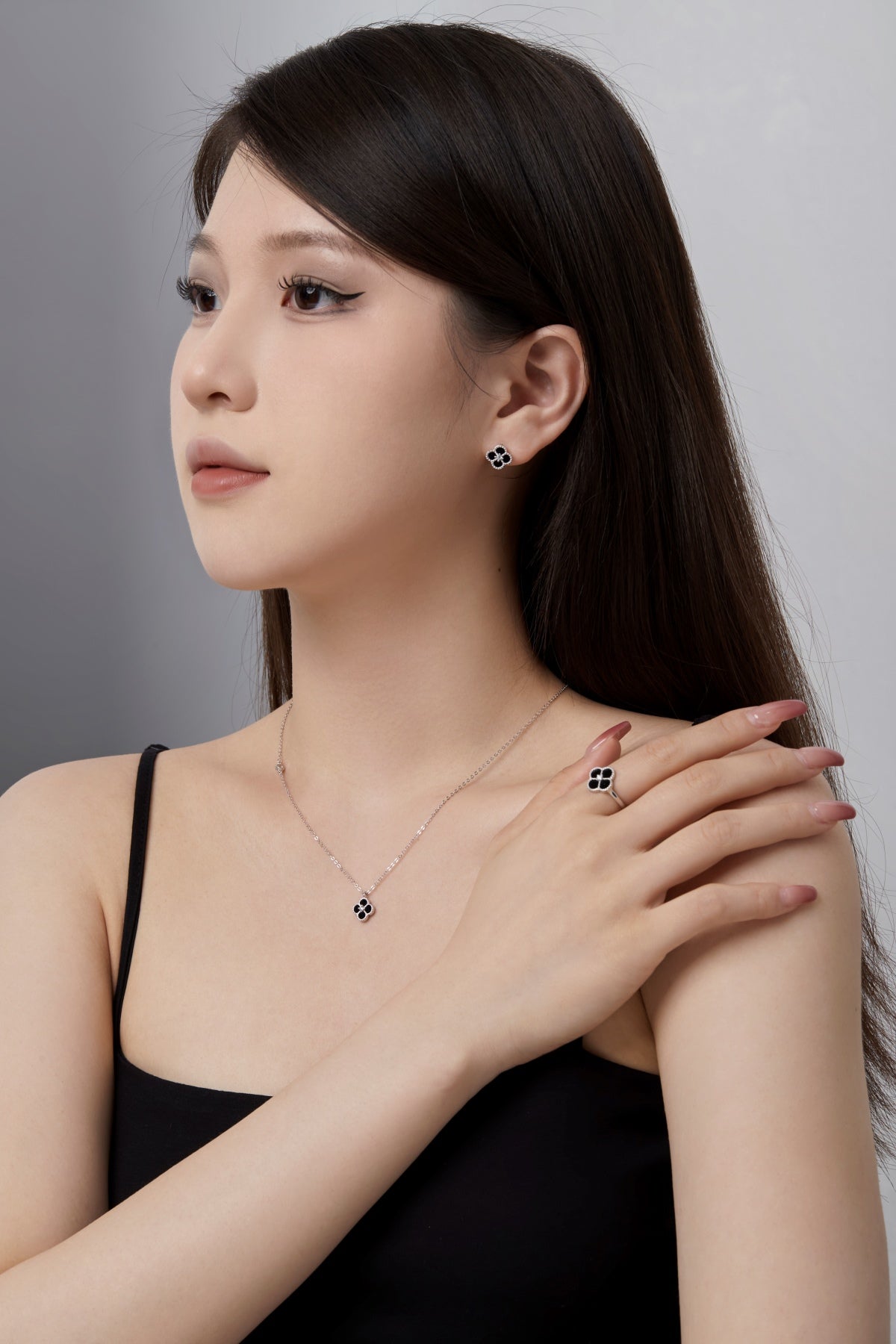 Cloverleaf stud earrings 925 silver zirconia flower, silver, green, black, grey