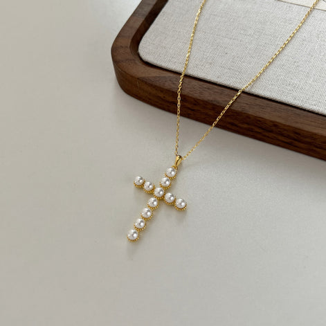 925 silver chain pearl cross - 18K gold plated