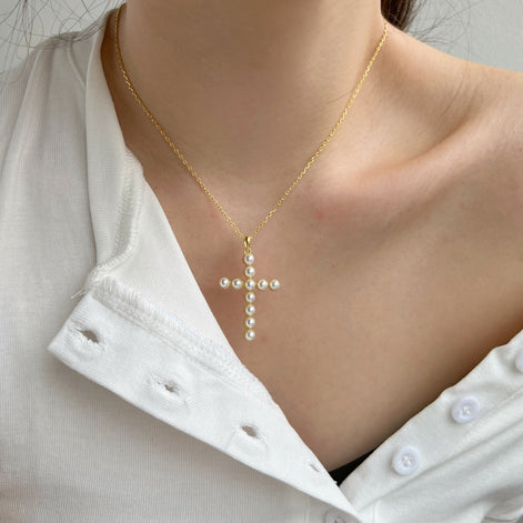 925 silver chain pearl cross - 18K gold plated
