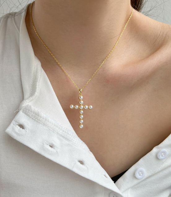 925 silver chain pearl cross - 18K gold plated
