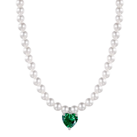 Freshwater pearl necklace with green heart zirconia