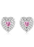 Heart stud earrings 925 silver pink zirconia &amp; pave setting rhodium-plated