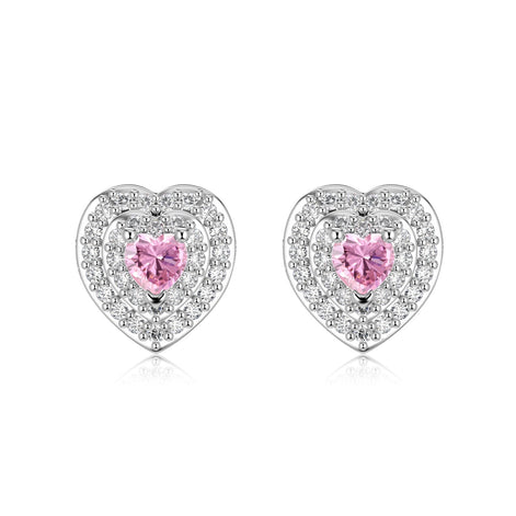 Heart stud earrings 925 silver pink zirconia &amp; pave setting rhodium-plated