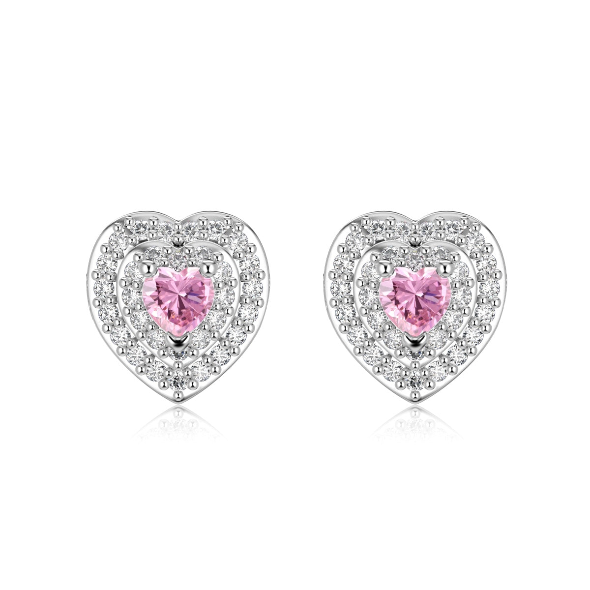 Heart stud earrings 925 silver pink zirconia & pave setting rhodium-plated