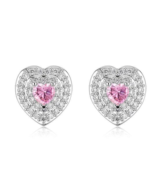 Heart stud earrings 925 silver pink zirconia &amp; pave setting rhodium-plated