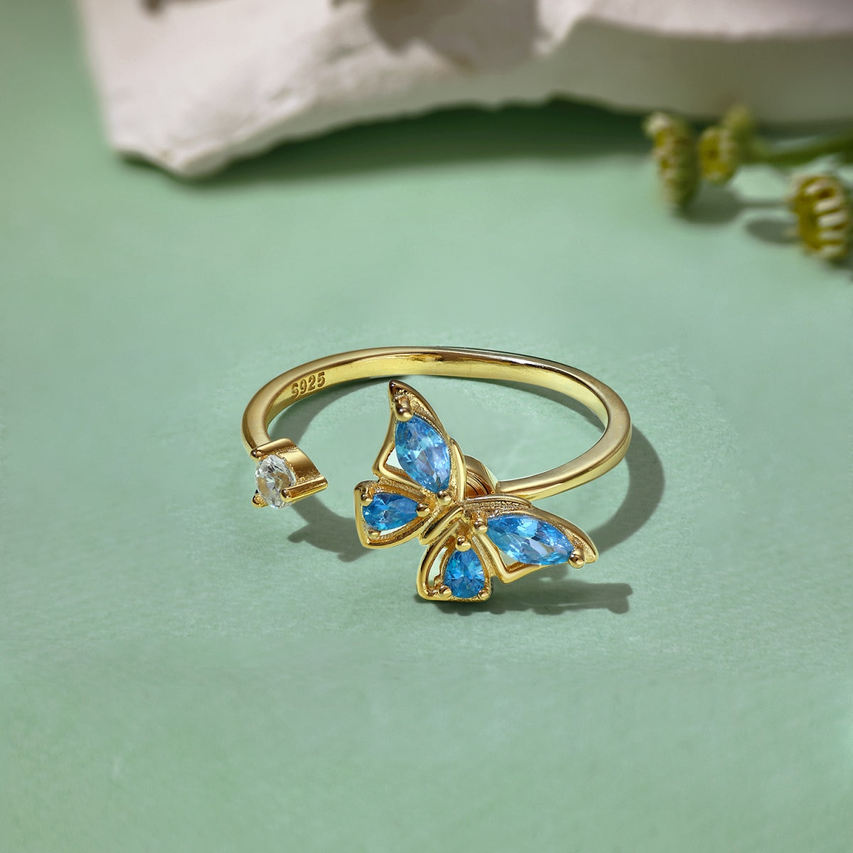 925 Silver Adjustable Butterfly Ring 18K Gold Plated