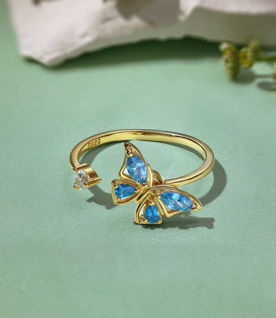 925 Silver Adjustable Butterfly Ring 18K Gold Plated
