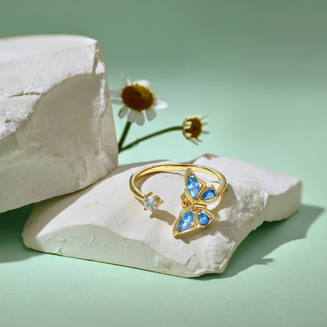 925 Silver Adjustable Butterfly Ring 18K Gold Plated