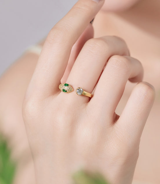 خاتم ثعبان قابل للتعديل – مطلي بالذهب عيار 18 قيراطًا مع أحجار الزركونيا