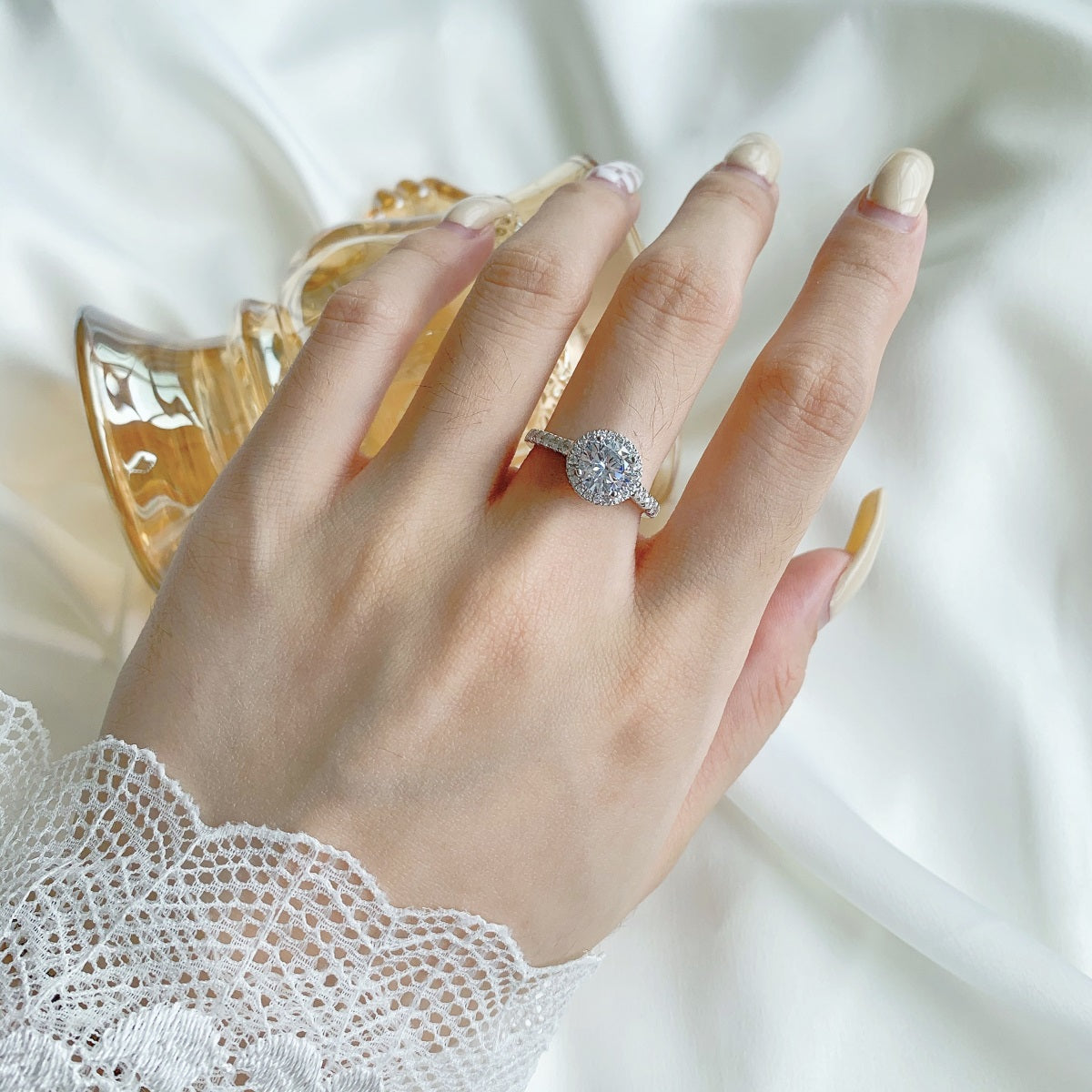 Silver ring with large diamond zirconia and zirconia setting