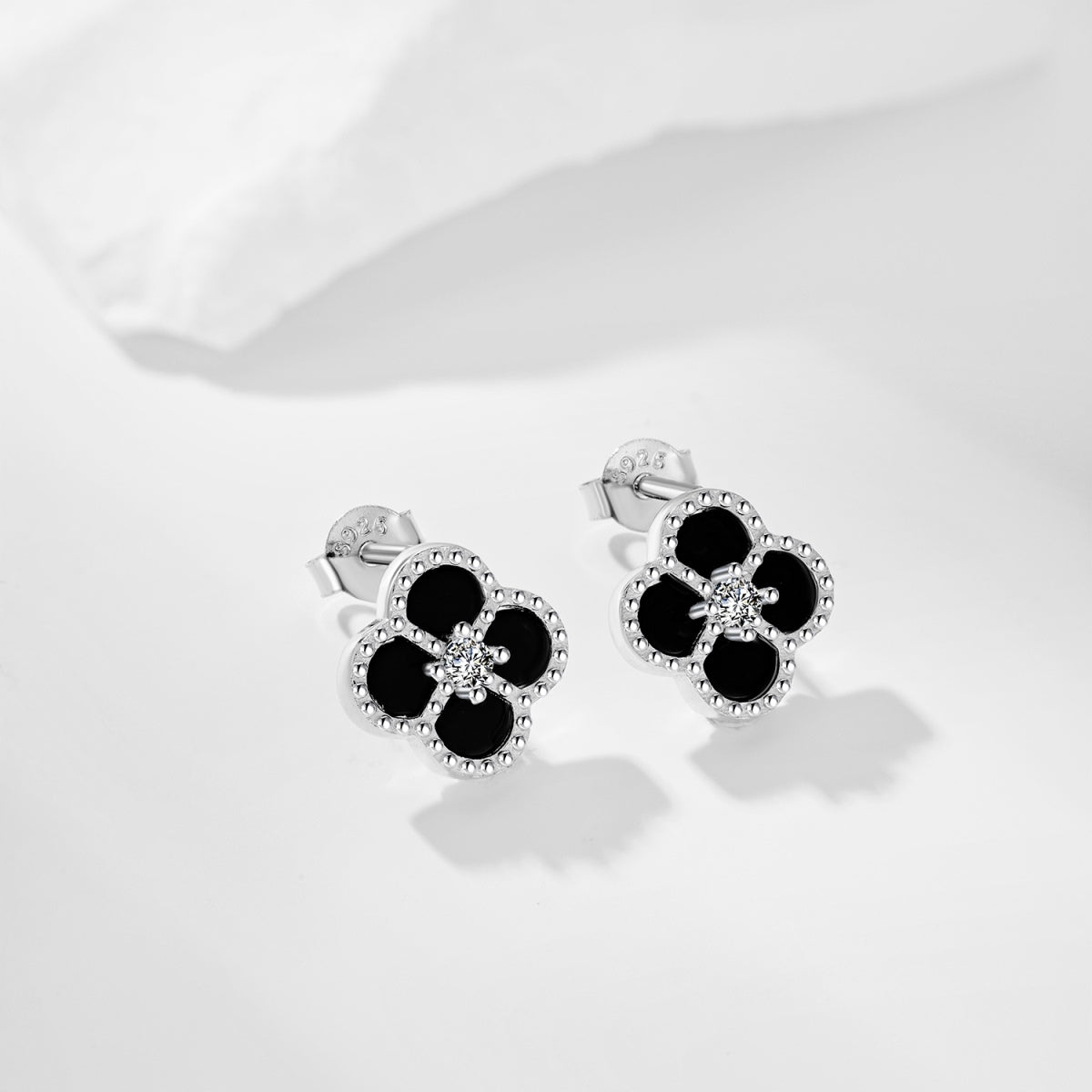 Cloverleaf stud earrings 925 silver zirconia flower, silver, green, black, grey
