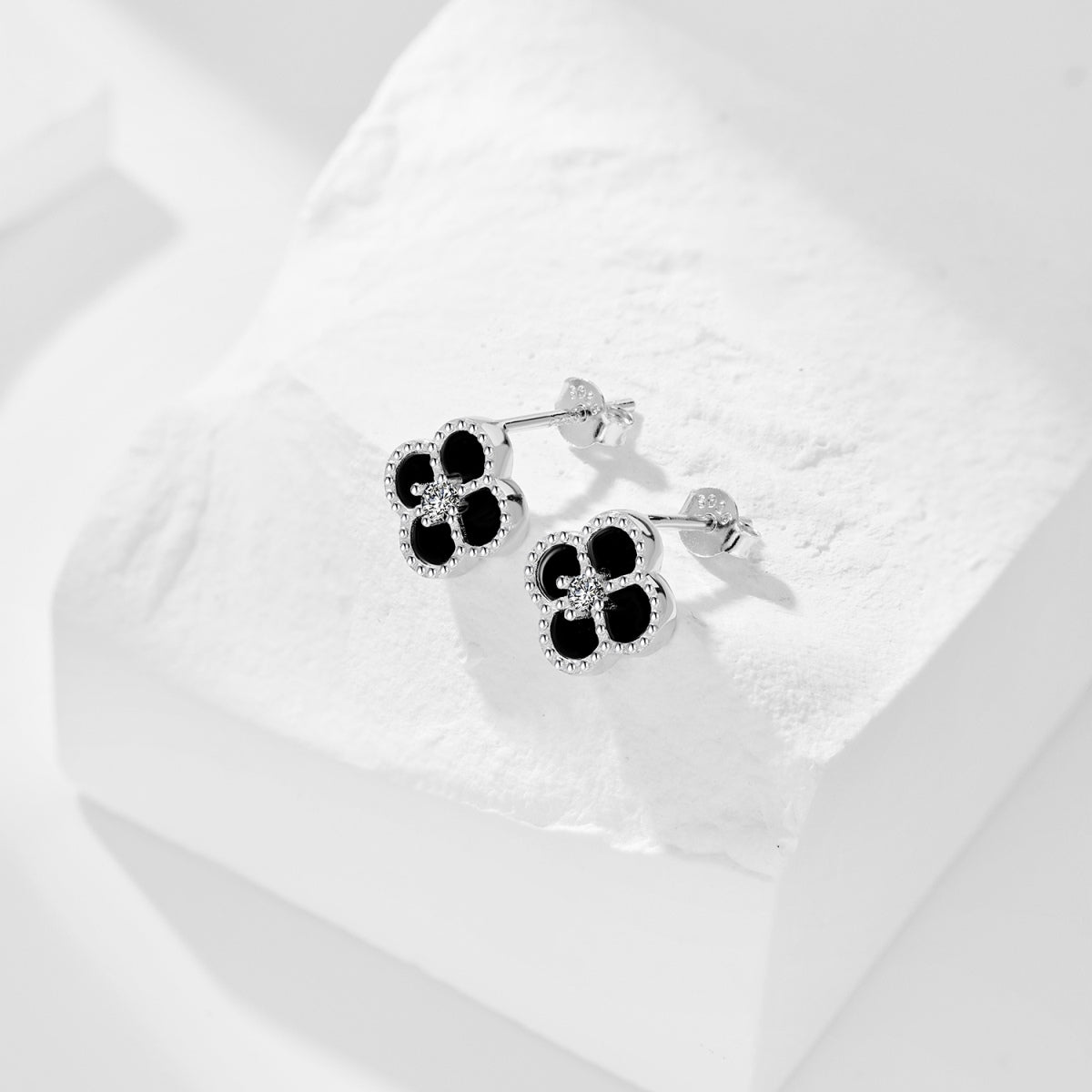 Cloverleaf stud earrings 925 silver zirconia flower, silver, green, black, grey