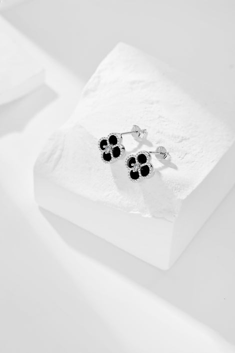 Cloverleaf stud earrings 925 silver zirconia flower, silver, green, black, grey