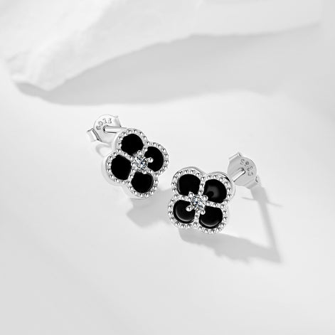 Cloverleaf stud earrings 925 silver zirconia flower, silver, green, black, grey
