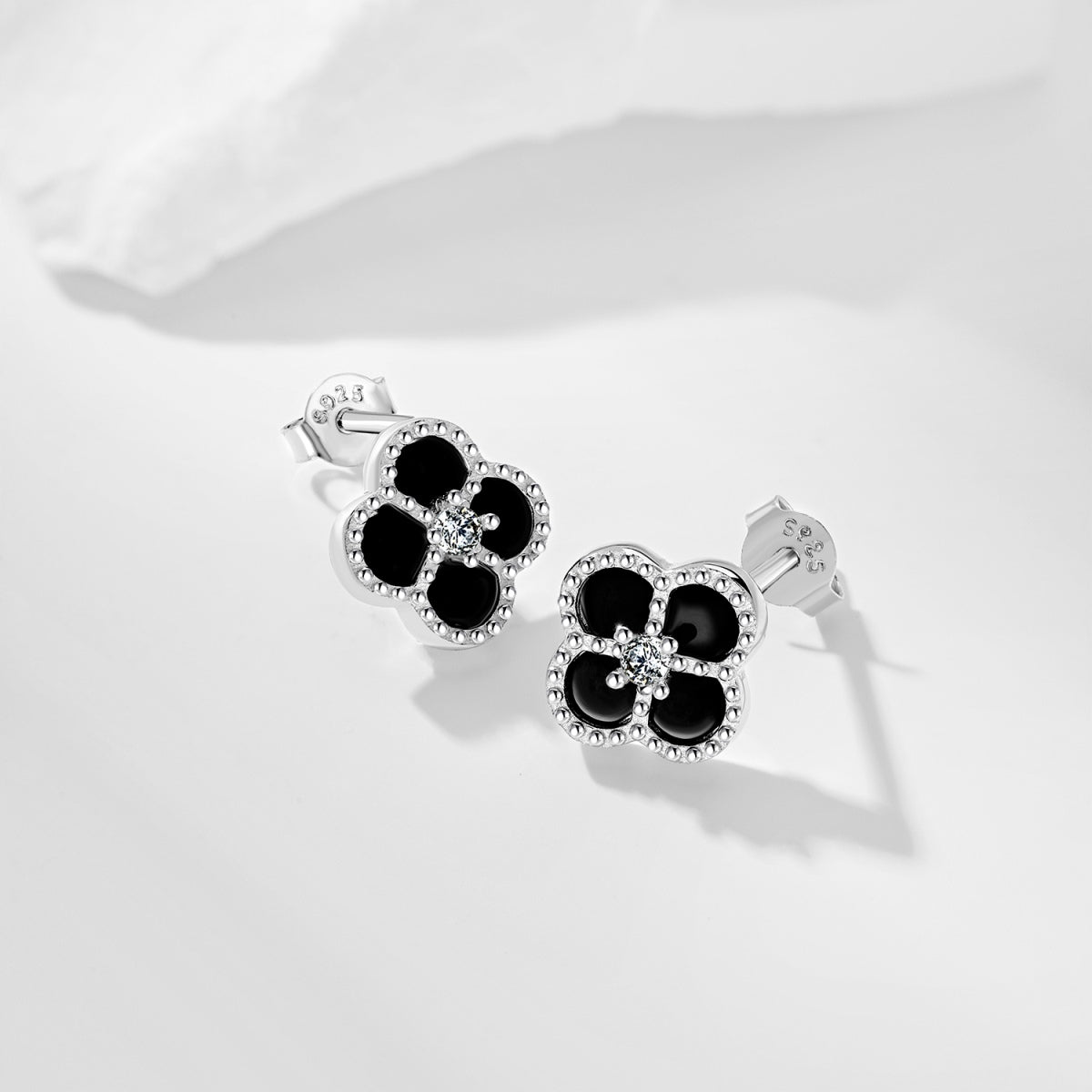 Cloverleaf stud earrings 925 silver zirconia flower, silver, green, black, grey