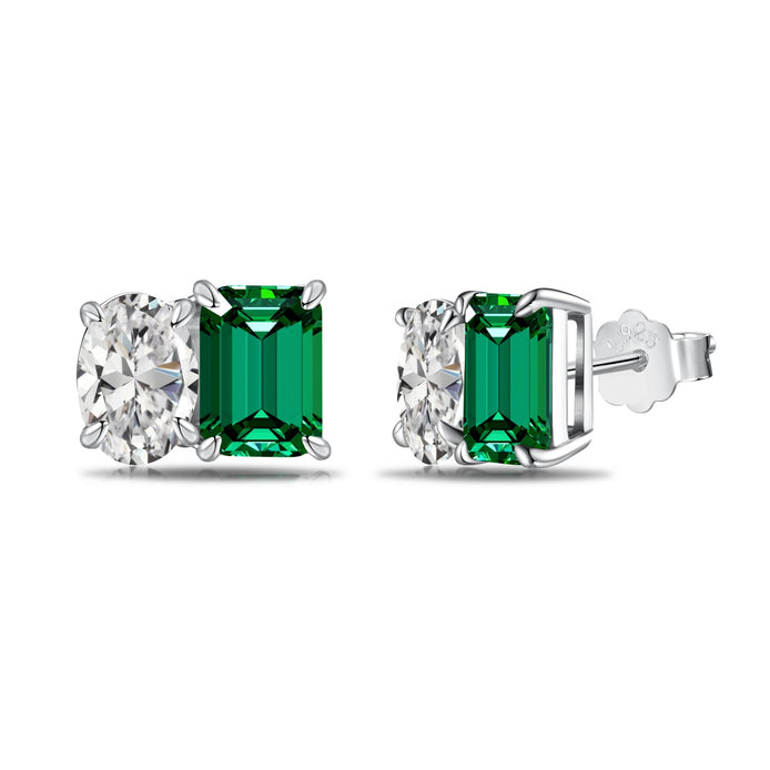 Emerald Cut Stud Earrings 925 Silver Green Emerald Look &amp; Oval Zirconia