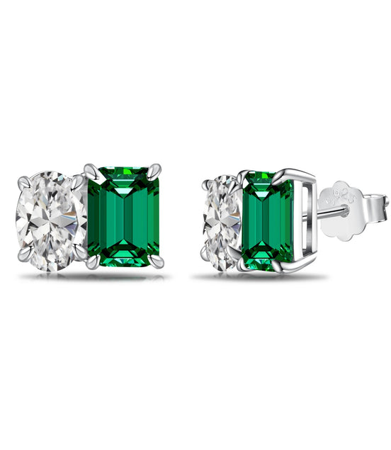 Emerald Cut Stud Earrings 925 Silver Green Emerald Look &amp; Oval Zirconia