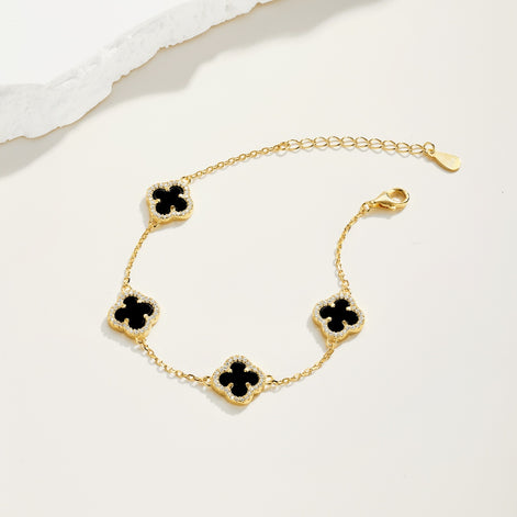 Gold-plated bracelet made of 925 silver – with black clover leaf pendants &amp; zirconia