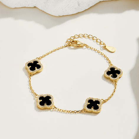 Gold-plated bracelet made of 925 silver – with black clover leaf pendants &amp; zirconia