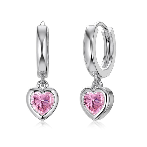 Heart Hoop Earrings 925 Sterling Silver Pink Zirconia Stone
