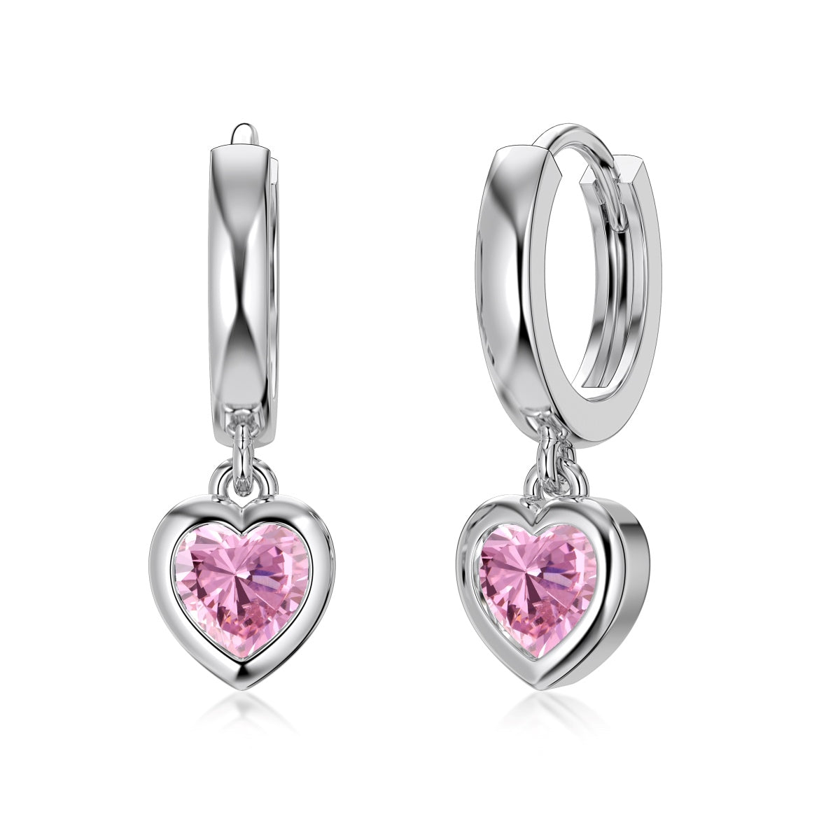 Heart Hoop Earrings 925 Sterling Silver Pink Zirconia Stone