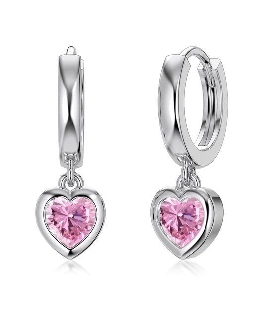 Heart Hoop Earrings 925 Sterling Silver Pink Zirconia Stone