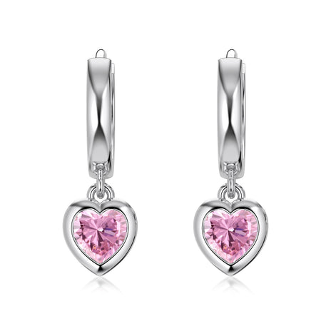 Heart Hoop Earrings 925 Sterling Silver Pink Zirconia Stone