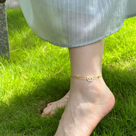 Anklet 925 silver, 18K gold-plated with butterfly pendant &amp; zirconia stones