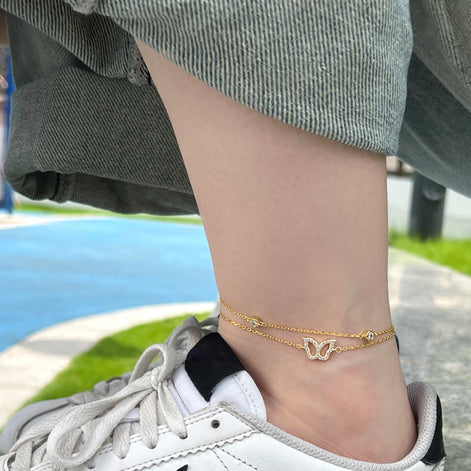Anklet 925 silver, 18K gold-plated with butterfly pendant &amp; zirconia stones