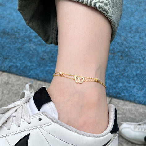 Anklet 925 silver, 18K gold-plated with butterfly pendant &amp; zirconia stones