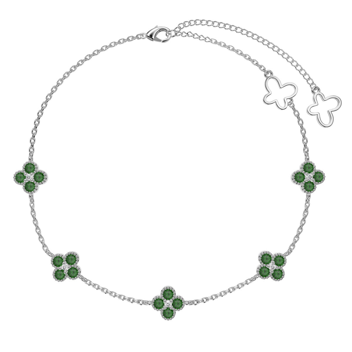 Anklet made of 925 silver with 5x clover leaf pendants & green zirconia stones