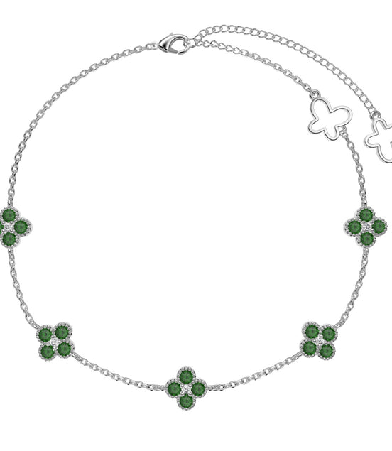 Anklet made of 925 silver with 5x clover leaf pendants &amp; green zirconia stones
